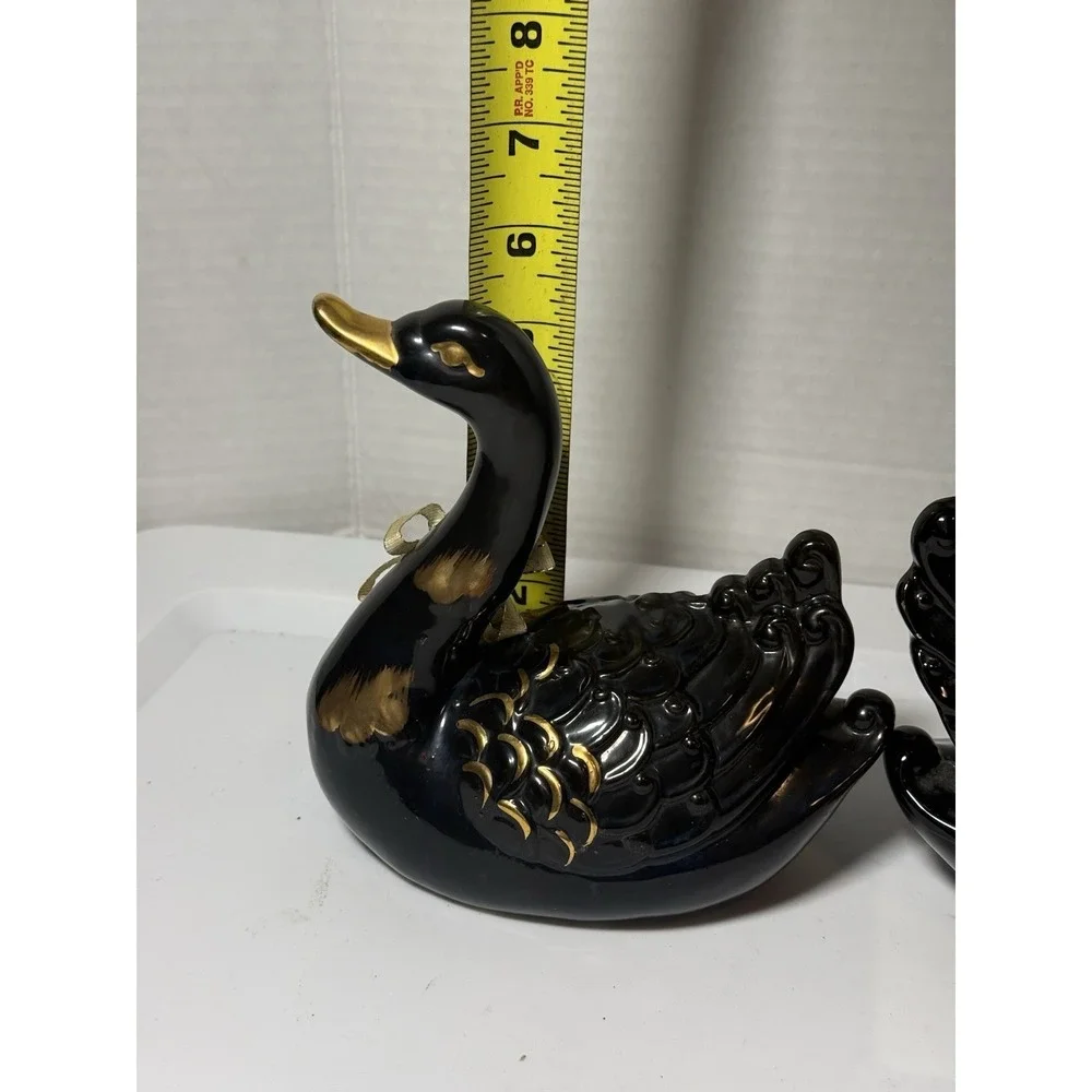 VTG Black Gold Ceramic Swans Set Animal Figurines Made In Taiwan 5